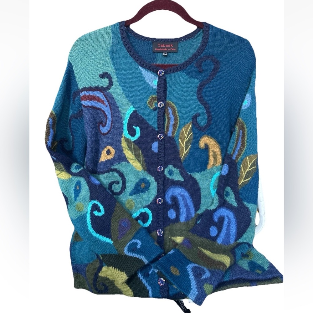 Tabask Sweater Womens L Floral Art Wool Alpaca Blend Handmade In Peru Cardigan